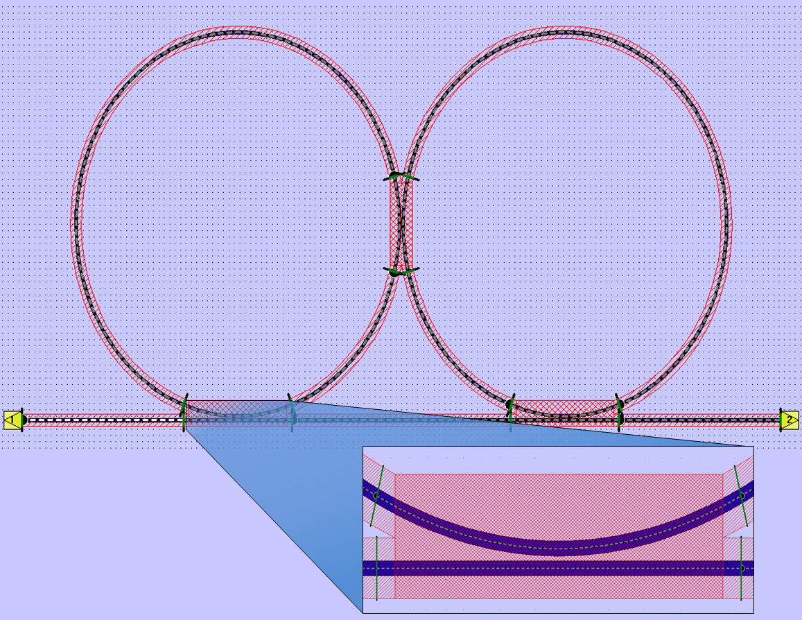 Left, a schematic view of an MZI consisting of two bend sections connected by an MMI. Right, a plot of the field intencity as an input travels through the device